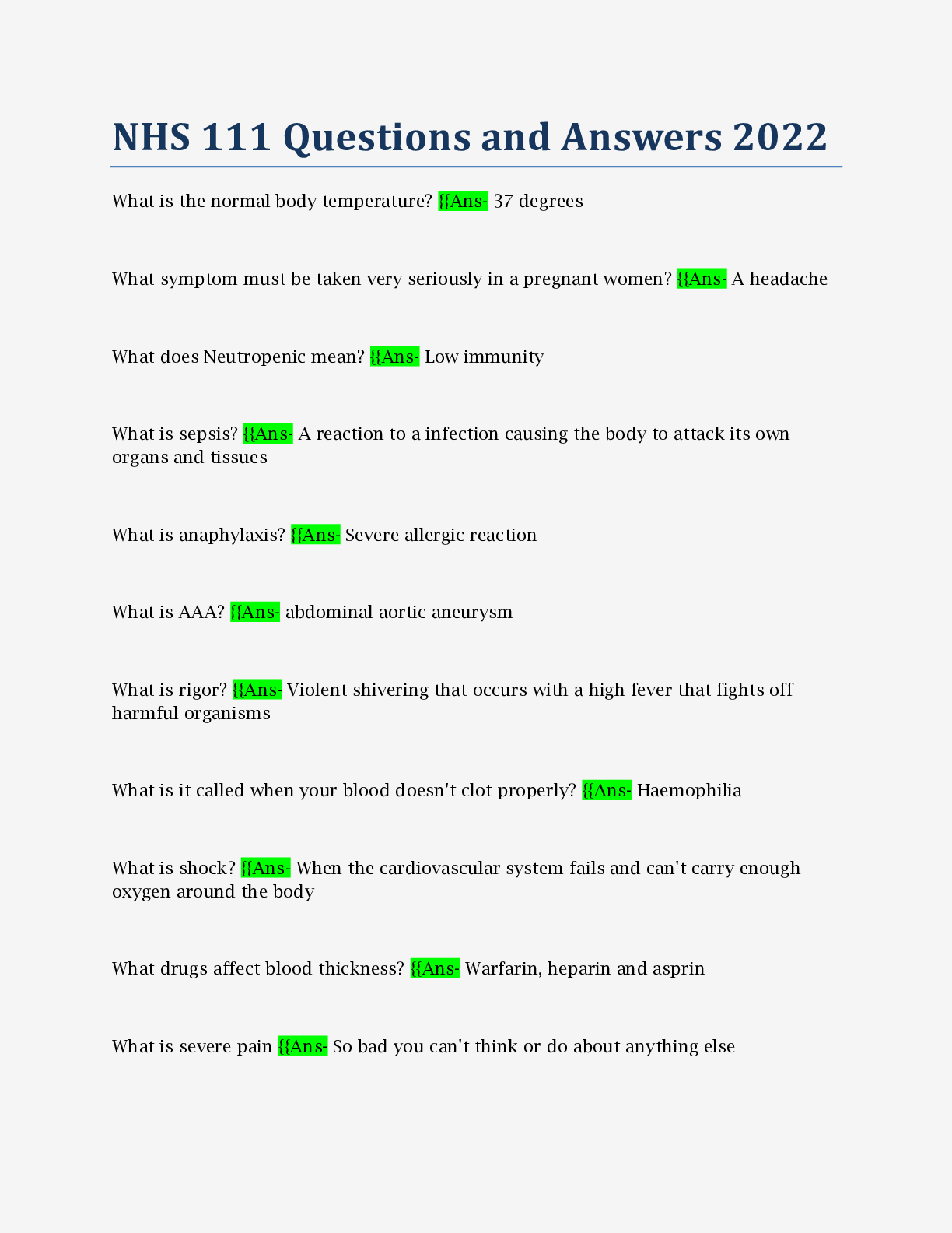 Preview of NHS 111 Questions and Answers 2022